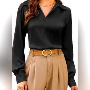 Satin Silk Blouse V Neck Long Sleeve Size L